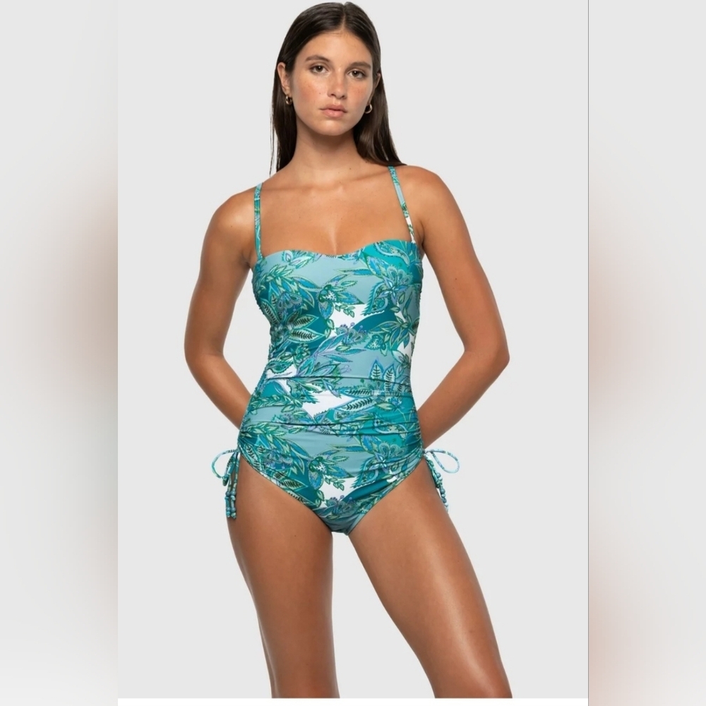Ruched Teal Tropical One-Piece Swimsuit with Adjustable Straps